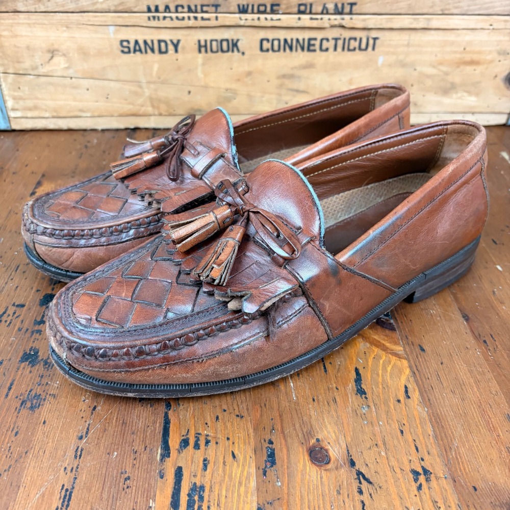 Vintage Brown Leather Woven Kiltie Tassel‎ Loafer Mens 9M Slip On Cognac Brown